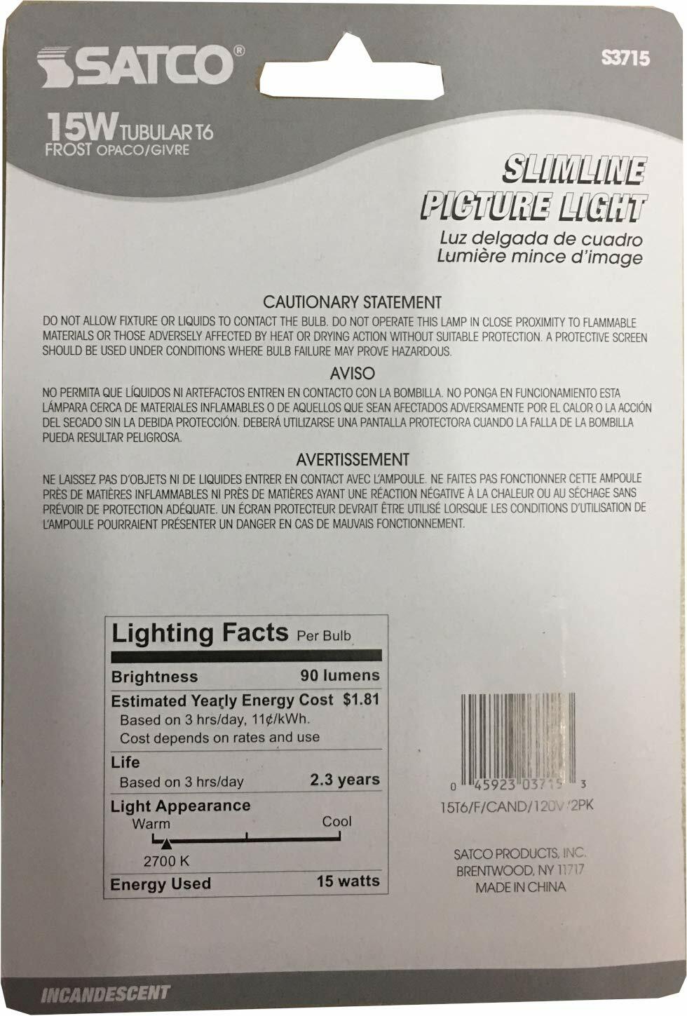 Satco S3715 Blister Pack with Two T6 Candelabra Tubular 15 Watt 120V Incandescent Dimmable Frosted Bulbs; Total of 2 Bulbs; C-5A Filament; E12 ANSI Base; 2700K Warm White