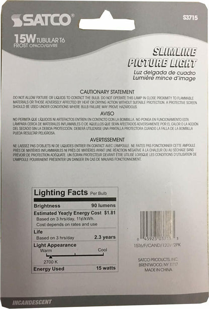 Satco S3715 Blister Pack with Two T6 Candelabra Tubular 15 Watt 120V Incandescent Dimmable Frosted Bulbs; Total of 2 Bulbs; C-5A Filament; E12 ANSI Base; 2700K Warm White