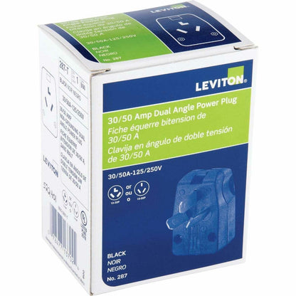 Leviton 287-T Dual Power Straight Blade Angle Plug, 125/250 V, 30/50 A, 3 P, 3 W, No Size, Black