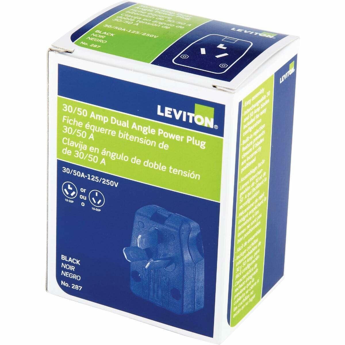 Leviton 287-T Dual Power Straight Blade Angle Plug, 125/250 V, 30/50 A, 3 P, 3 W, No Size, Black