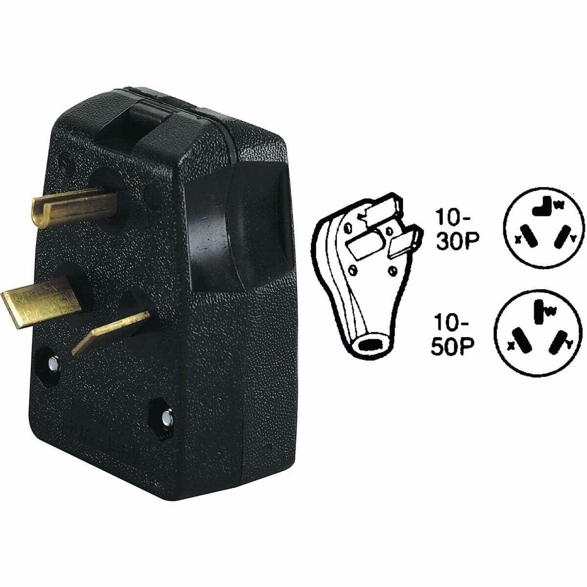 Leviton 287-T Dual Power Straight Blade Angle Plug, 125/250 V, 30/50 A, 3 P, 3 W, No Size, Black