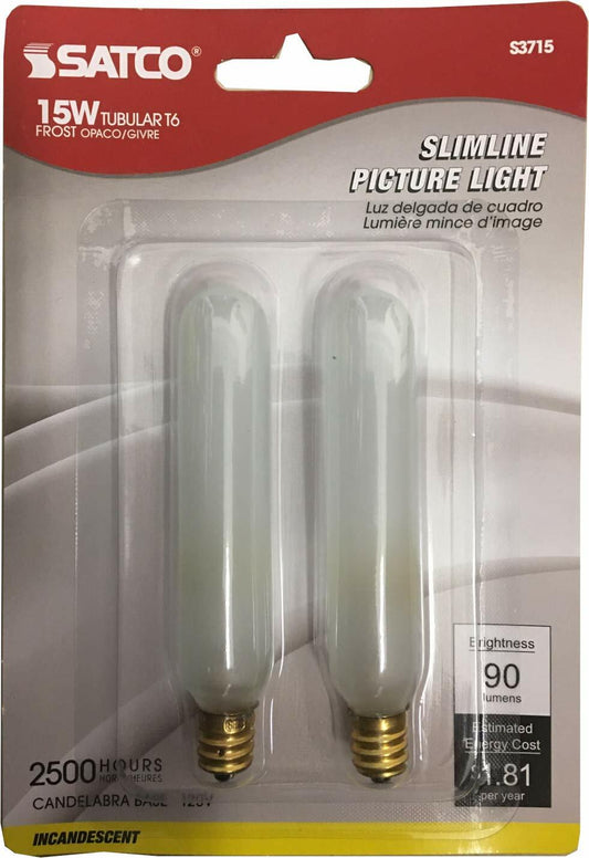 Satco S3715 Blister Pack with Two T6 Candelabra Tubular 15 Watt 120V Incandescent Dimmable Frosted Bulbs; Total of 2 Bulbs; C-5A Filament; E12 ANSI Base; 2700K Warm White