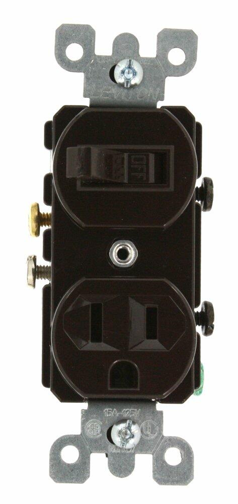Leviton 5225 15 Amp, 120 Volt, Duplex Style Combination Single Pole Switch/Receptacle Grounding, Brown
