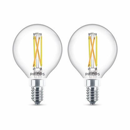 PHILIPS LED 60W G16.5 2-Pack Ultra Definition Soft White (2700K) 500 Lumen (5W = 60W) Dimmable Clear Flicker-Free Light Bulbs