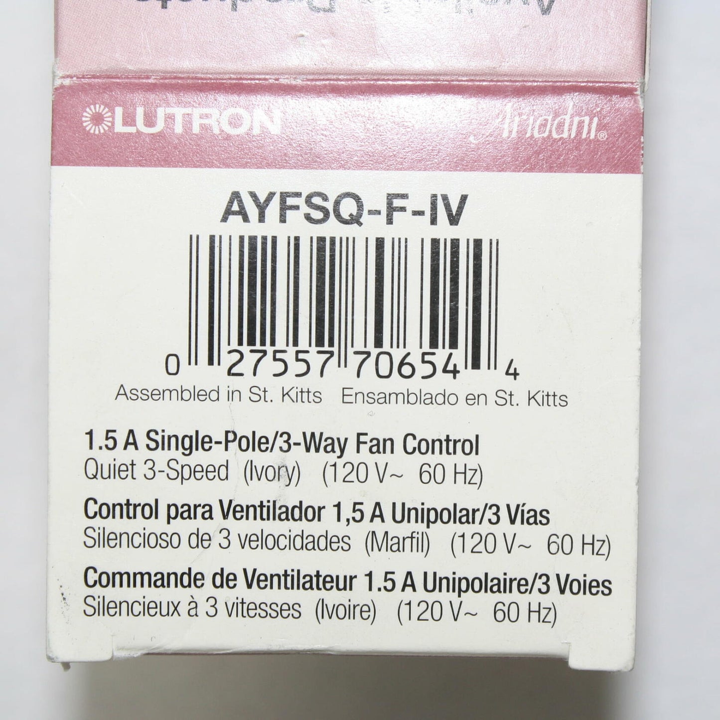 Lutron Ayfsq-F-Iv Ariadni Single Pole 3-Speed Fan Control, Ivory