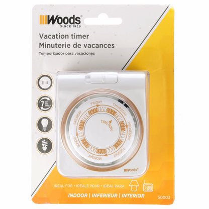 Woods 7-Day Indoor Mechanical Vacation Security Timer; White, 50003