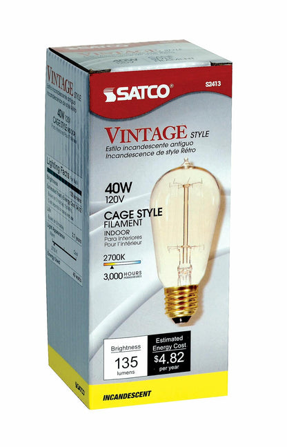 Satco S2413 40 Watt 135 Lumens ST19 Incandescent Medium Base Soft White 2700K Vintage Cage Coil Design Light Bulb, Dimmable