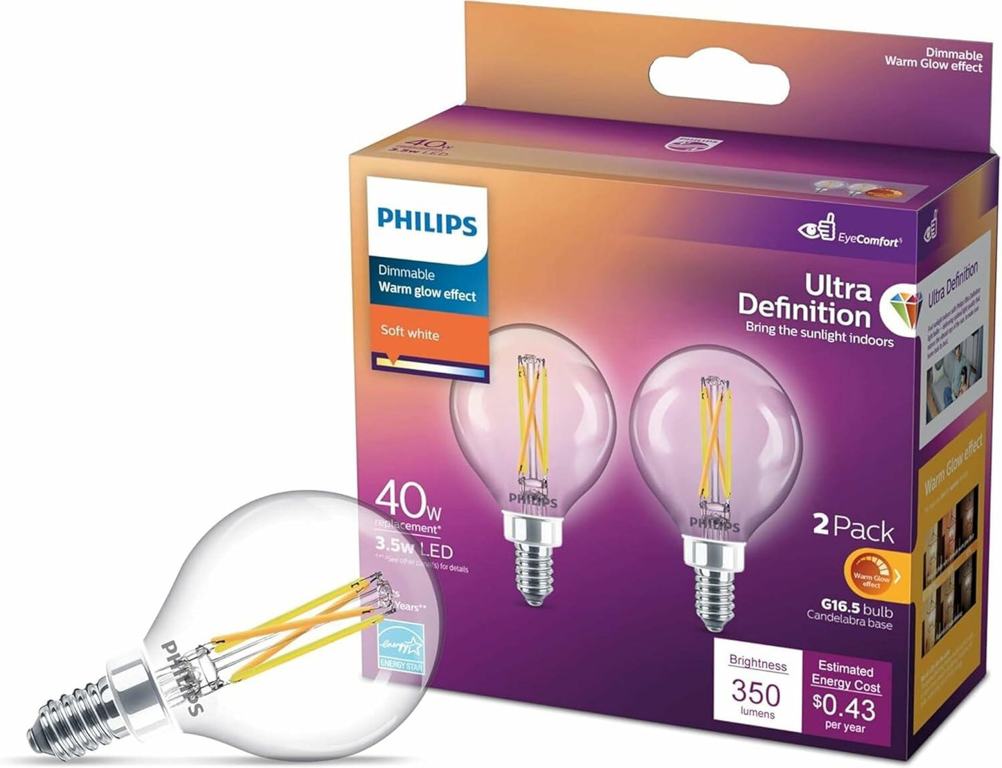 PHILIPS LED 40W G16.5 E12 Base 2-Pack Ultra Definition Soft White (2700K) 350 Lumen (3.5W=40W) Clear Flicker Free Light Bulbs