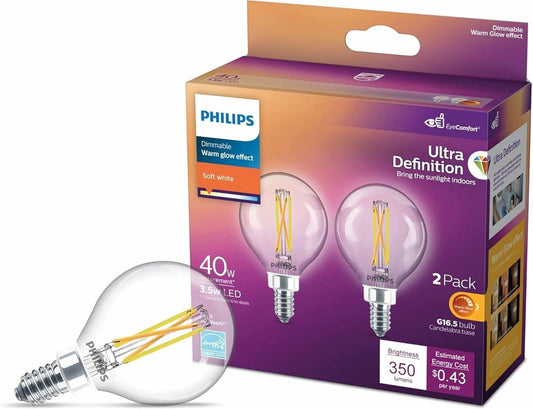 PHILIPS LED 40W G16.5 E12 Base 2-Pack Ultra Definition Soft White (2700K) 350 Lumen (3.5W=40W) Clear Flicker Free Light Bulbs