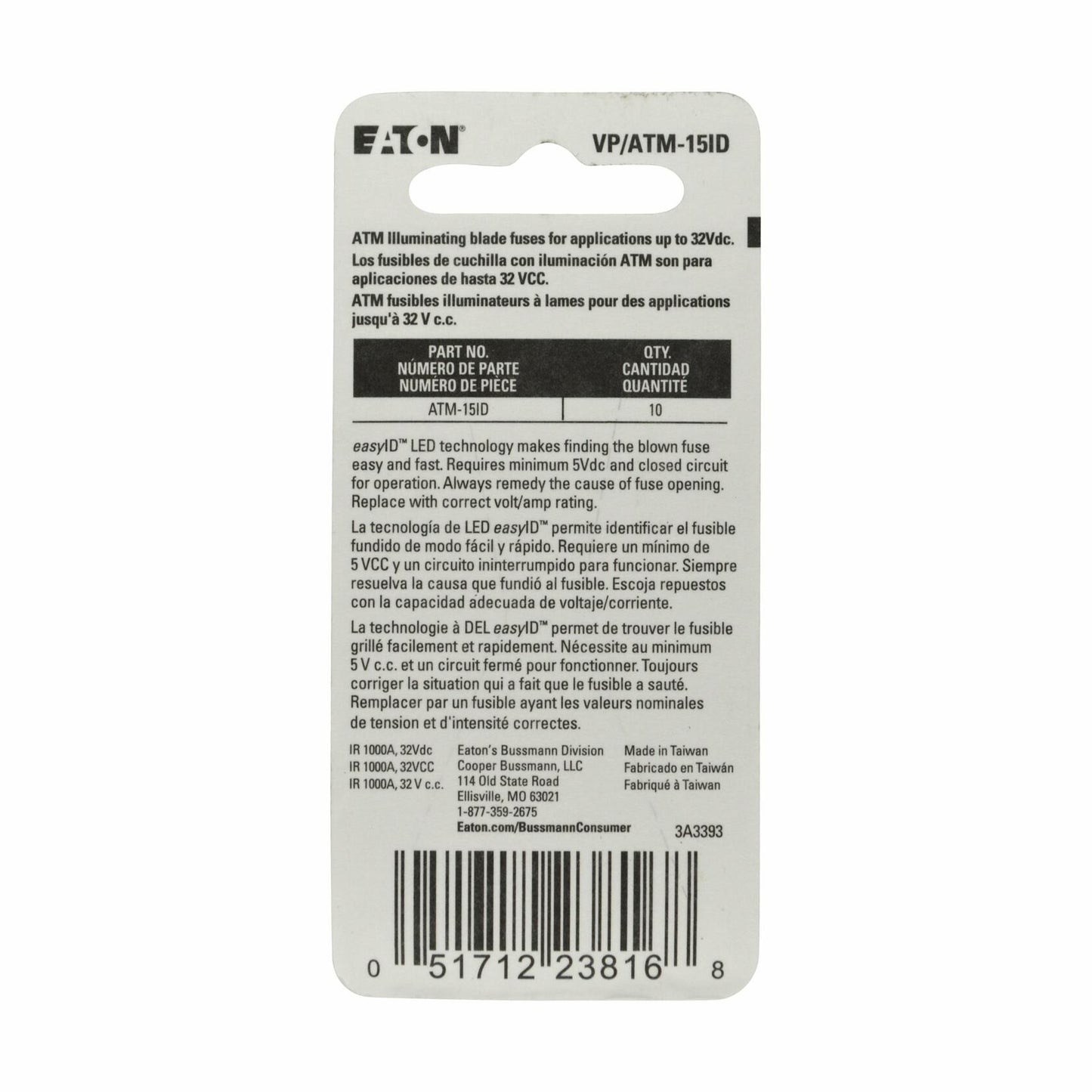 Bussmann VP/ATM-15ID easyID Illuminating Blade Fuse, (Pack of 10)