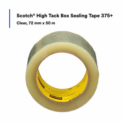 3M Scotch High Tack Box Sealing Tape 375+, Film Backing with Synthetic Rubber Adhesive, Clear Color, 72 mm x 50 m, 24/Case