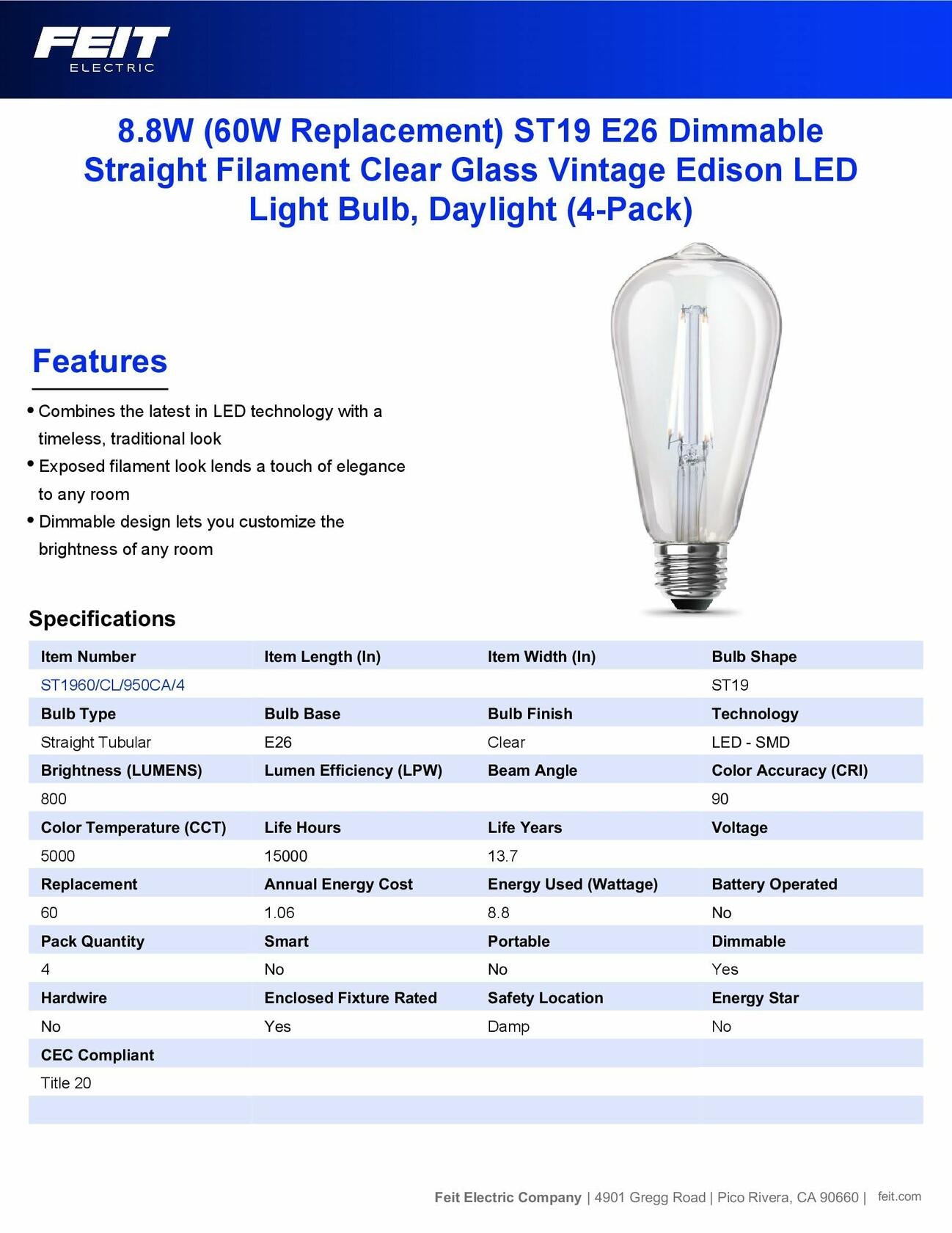 Feit Electric ST19 Vintage Edison LED Light Bulb, 60W Equivalent, Dimmable, 5000K Daylight, 800 Lumens, E26 Base, Retro Filament Light Bulbs, 15,000-Hour Lifetime, ST1960/CL/950CA/2/4, 8 Pack