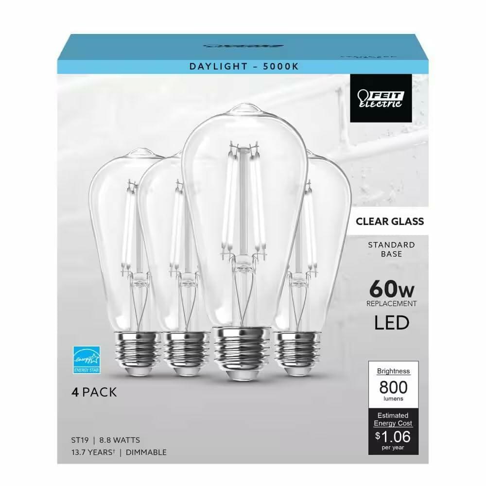 Feit Electric 60-Watt Equivalent ST19 Dimmable Straight Filament Clear Glass E26 Vintage Edison LED Light Bulb, Daylight 5000K - 4 Pack
