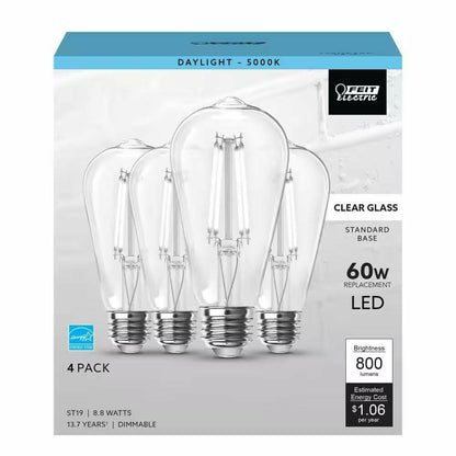 Feit Electric 60-Watt Equivalent ST19 Dimmable Straight Filament Clear Glass E26 Vintage Edison LED Light Bulb, Daylight 5000K - 4 Pack