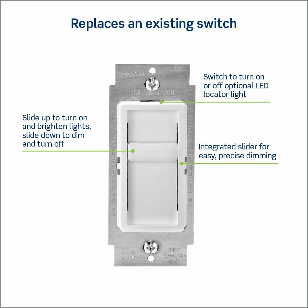 Leviton SureSlide Dimmer Switch for Dimmable LED, Halogen and Incandescent Bulbs, 6672-1LW, White