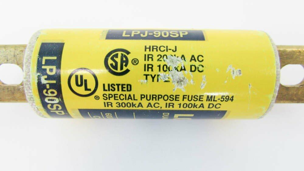 Eaton Bussmann LPJ-90SP Class J Fuse, Time-delay Dual-Element Current Limiting, 90A, Interrupt Rating of 300 kA at 600 Vac, 100 kA at 300 Vdc