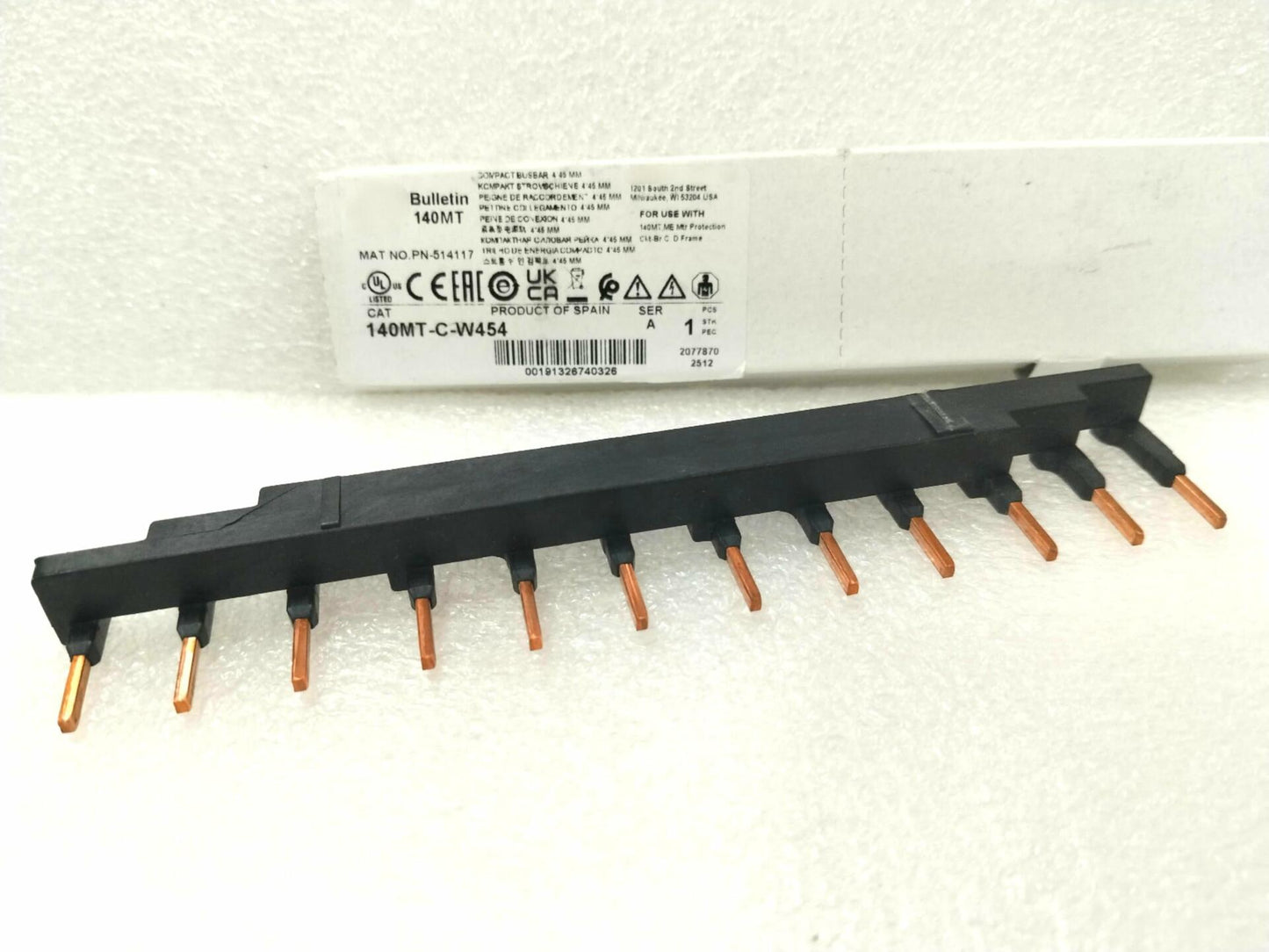 140MT-C-W454,Compact Busbar, 64A, 4 x 45mm Spacing, for 140MT, Mtr Protection Ckt-Br C, D Frame,Original Packaging,Never Used,in Stock,Ship Now.