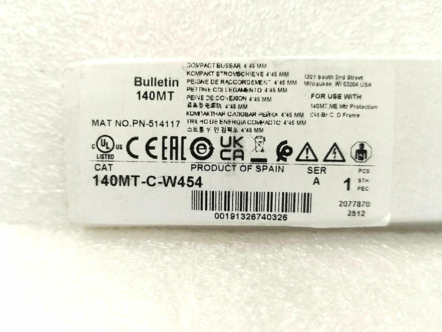 140MT-C-W454,Compact Busbar, 64A, 4 x 45mm Spacing, for 140MT, Mtr Protection Ckt-Br C, D Frame,Original Packaging,Never Used,in Stock,Ship Now.