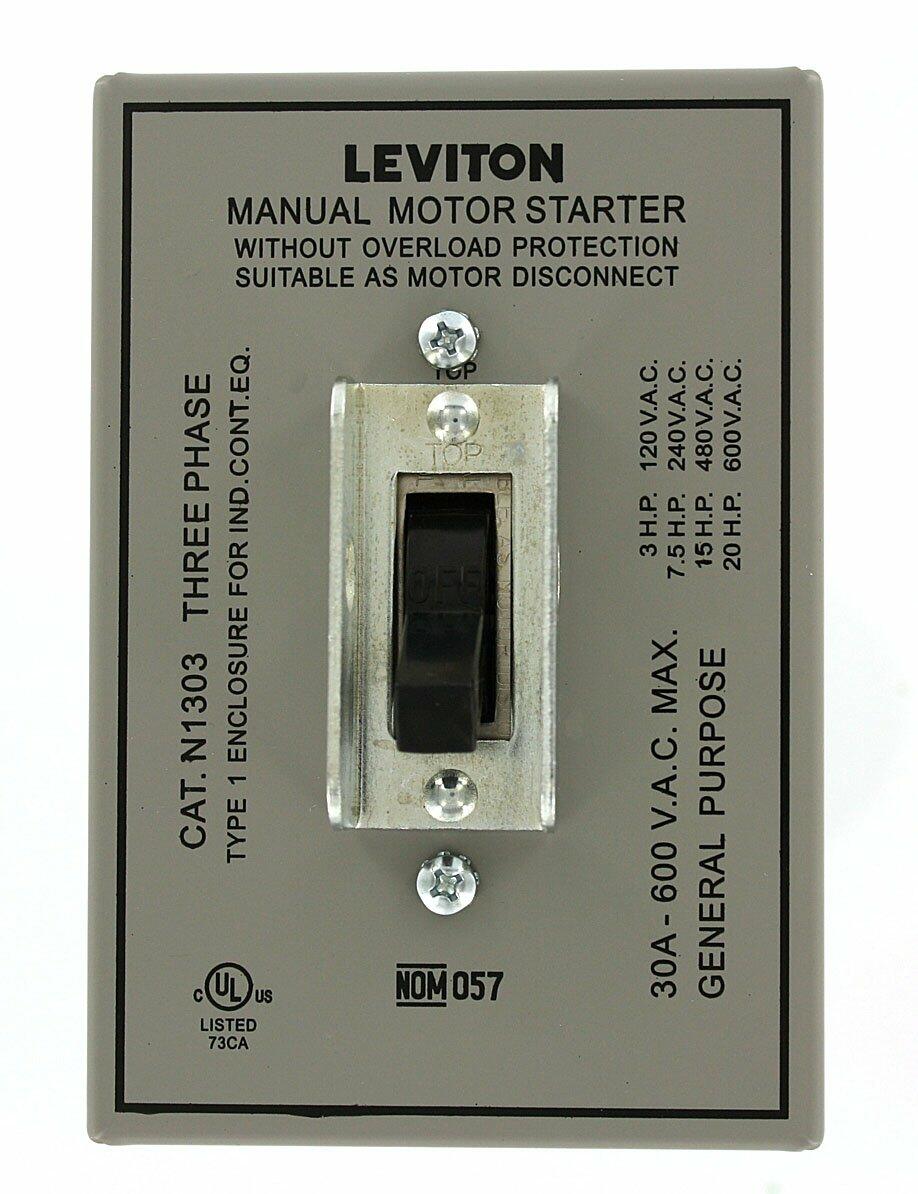 Leviton 30 Amp, 600 Volt, Toggle Three-Pole AC Motor Starter, Suitable as Motor Disconnect, In Type 1 Metal Enclosure, Industrial Grade, Grounded, N1303-DS, Gray