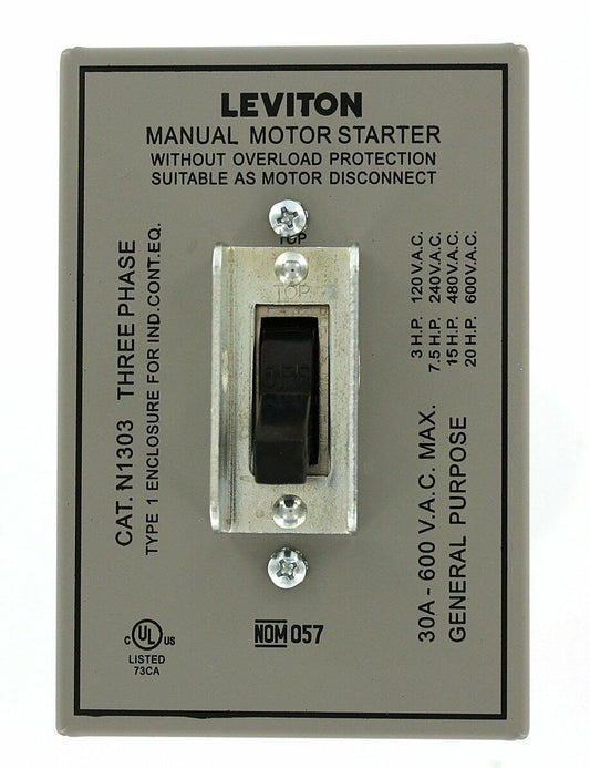 Leviton 30 Amp, 600 Volt, Toggle Three-Pole AC Motor Starter, Suitable as Motor Disconnect, In Type 1 Metal Enclosure, Industrial Grade, Grounded, N1303-DS, Gray
