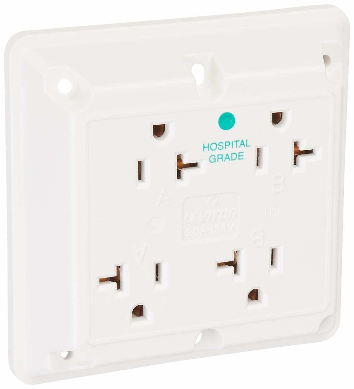 Leviton 21254-HW 20 Amp, 125 Volt, Industrial Series Extra Heavy Duty Hospital Grade, 4-in-1 Receptacle, Straight Blade, Grounding, White