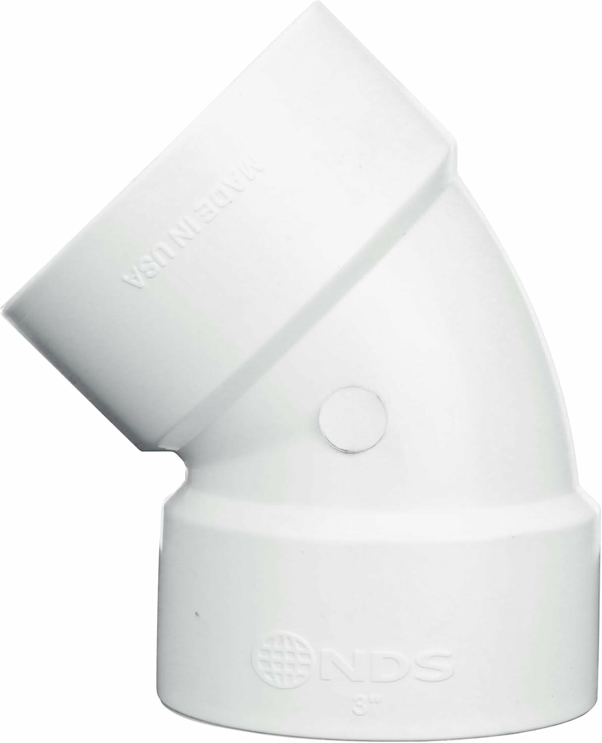 NDS 3P03 PVC 45-Degree Elbow, 3-Inch, for Hub X Hub Solvent-Weld Connections, for Use with 3-Inch Sewer and Drain Pipe, White
