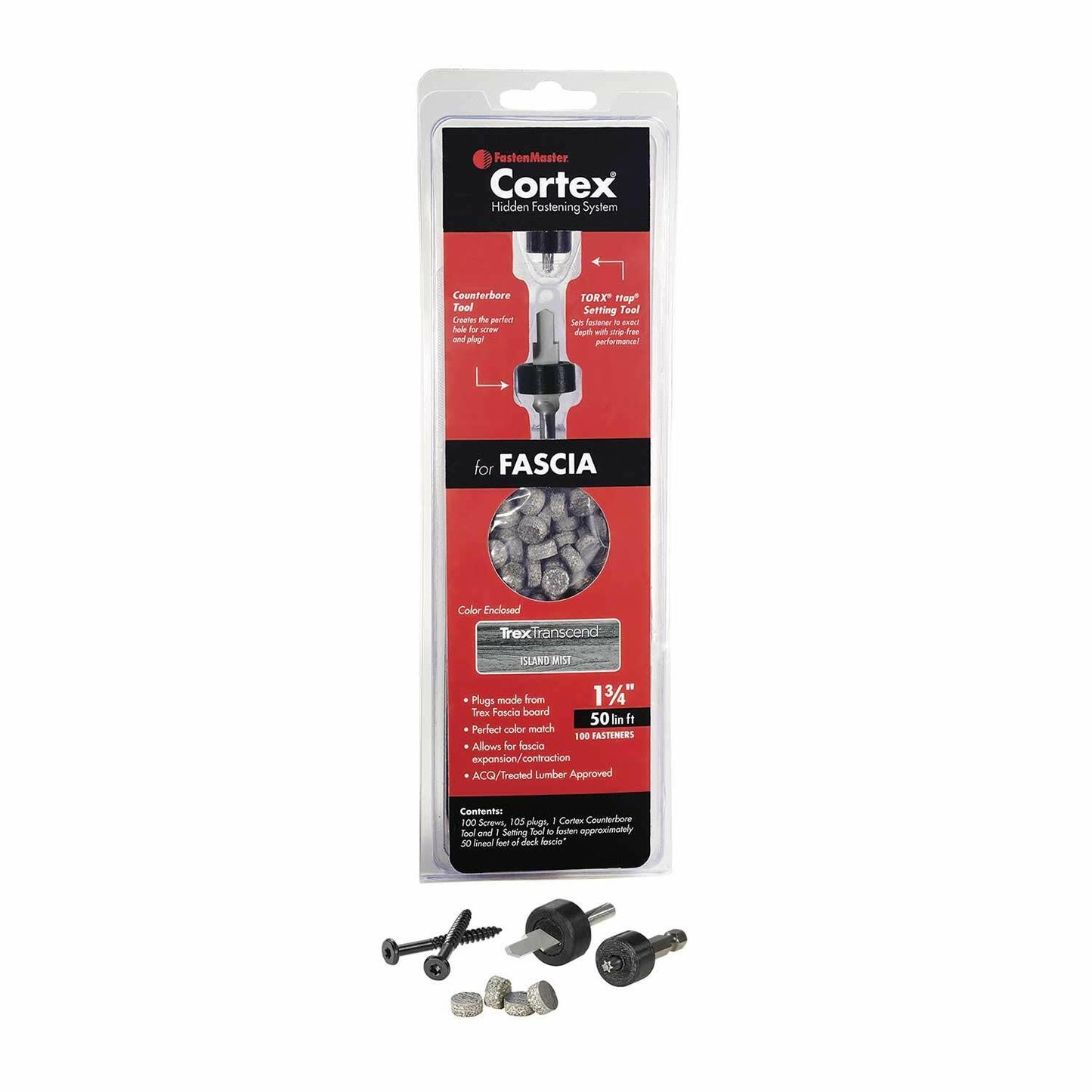 FastenMaster Cortex Hidden Fastening System for Trex Transcend Fascia - 1-3/4 inch Cortex Screws and Plugs - Island Mist (50 LF) FMCTXF-TX50TSLM