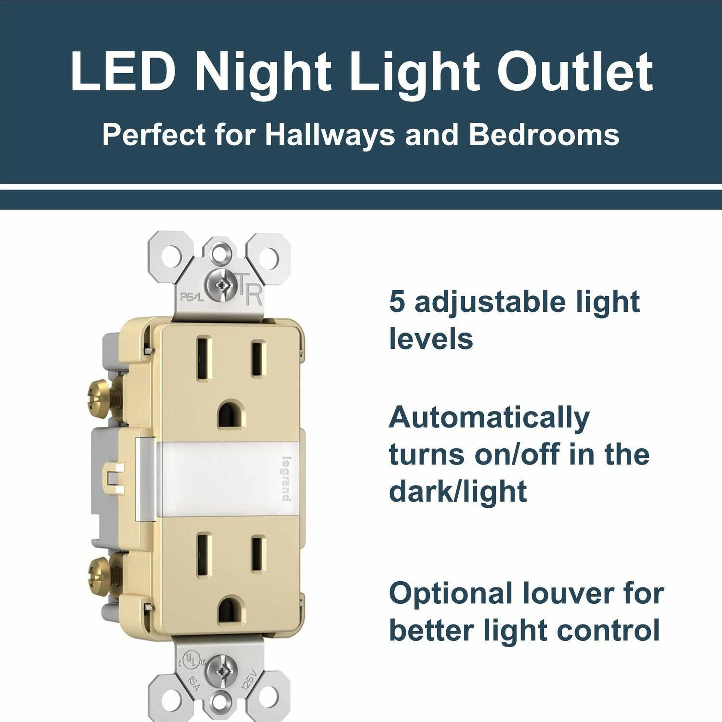 Legrand Radiant Adjustable LED Night Light Outlet, Tamper-Resistant Receptacle with Louver, Hallway Bedroom Night Light, 5 Levels, NTL885TRICC6, 15 Amp, Ivory