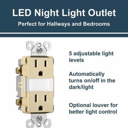 Legrand Radiant Adjustable LED Night Light Outlet, Tamper-Resistant Receptacle with Louver, Hallway Bedroom Night Light, 5 Levels, NTL885TRICC6, 15 Amp, Ivory
